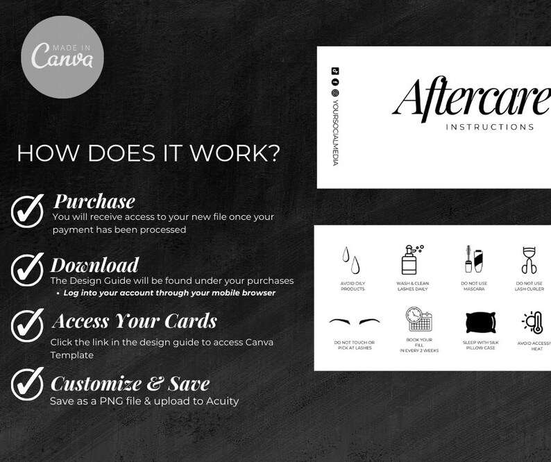 Puede incluir: Un gr&aacute;fico en blanco y negro con el t&iacute;tulo "&iquest;C&oacute;mo funciona?" y una lista de verificaci&oacute;n de cuatro pasos: Compra, Descarga, Accede a tus tarjetas y Personaliza y guarda. El gr&aacute;fico tambi&eacute;n incluye una secci&oacute;n titulada "Instrucciones de cuidado posterior" con una lista de iconos y texto que describe c&oacute;mo cuidar las pesta&ntilde;as.