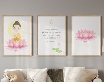 May include: Three framed prints featuring a watercolour illustration of a pink lotus flower and a quote by Buddha: "Every morning we are born again. What we do today is what matters most. - Buddha"