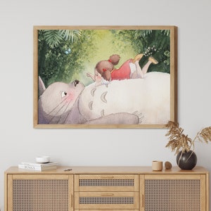 Búho conejo peludo con una pintura de acuarela de niña, arte de pared Ghibli, cartel de búho conejo peludo, pintura de acuarela anime, arte de pared anime