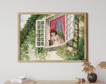 La Maga y el Gato Mirando por la Ventana, Arte Mural de Ghibli, Arte de Anime, Arte Mural Imprimible, Impresión Digital