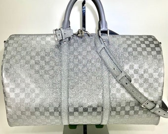 Louis Vuitton Duffle Keepall Bandouliere 50B Silver Glitter Damier Luggage