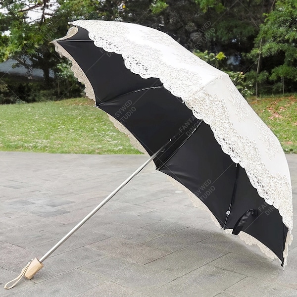 Beige Lace Embroidered Sun Umbrella, Vintage Style Lace Parasol for Wedding, Collapsible Two-Fold