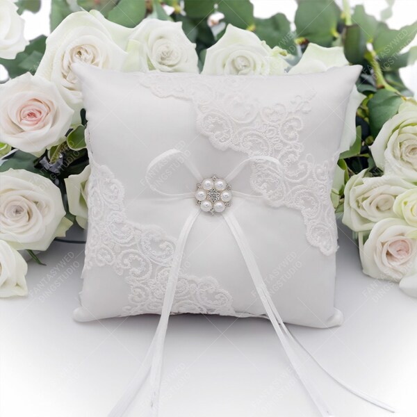 Romantic Wedding Ring Bearer Pillow, Lace Pearl Ivory Ring Bearer Cushion, Wood Ring Holder, Wedding Party Ceremony Gift