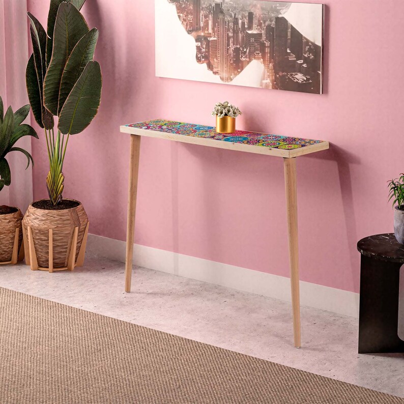 Slim Console Wood Table With Tiles Wooden Entryway Table Etsy