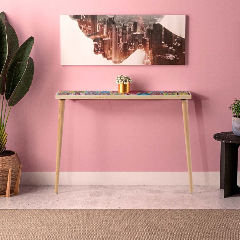 Slim Console Wood Table With Tiles Wooden Entryway Table Etsy