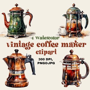 Retro Coffee Lover Clipart Bundle - 4 Vintage Brewing Tools, Instant Download Png&Jpg