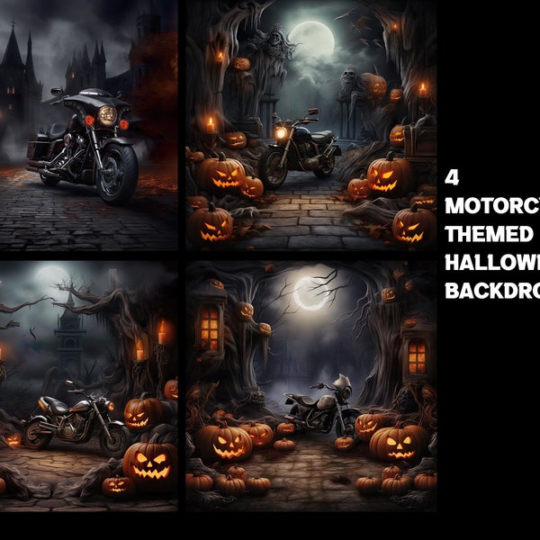 4  Motorcycle Themed Gothic  Backdrops, Dark Motorcycle Photo Backdrops, Halloween Photo Props