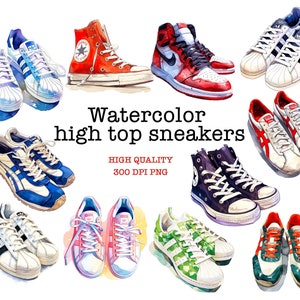 Watercolor High Top Sneakers, Most Iconic Sneakers PNG, Instant Download