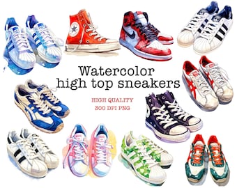 Watercolor High Top Sneakers, Most Iconic Sneakers PNG, Instant Download