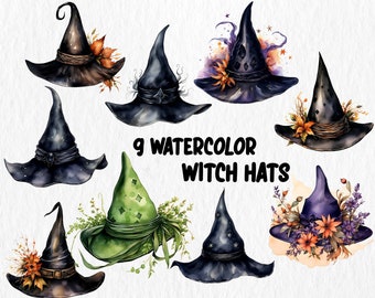 Watercolor Witch Hats, Halloween accessories Clipart Set, Instant Download, High Quality PNG&JPG