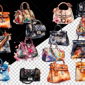 May include: A collection of 12 watercolor paintings of different styles of handbags. The handbags are painted in various colors, including black, brown, orange, blue, and pink. Some of the handbags have floral patterns, while others have geometric patterns.