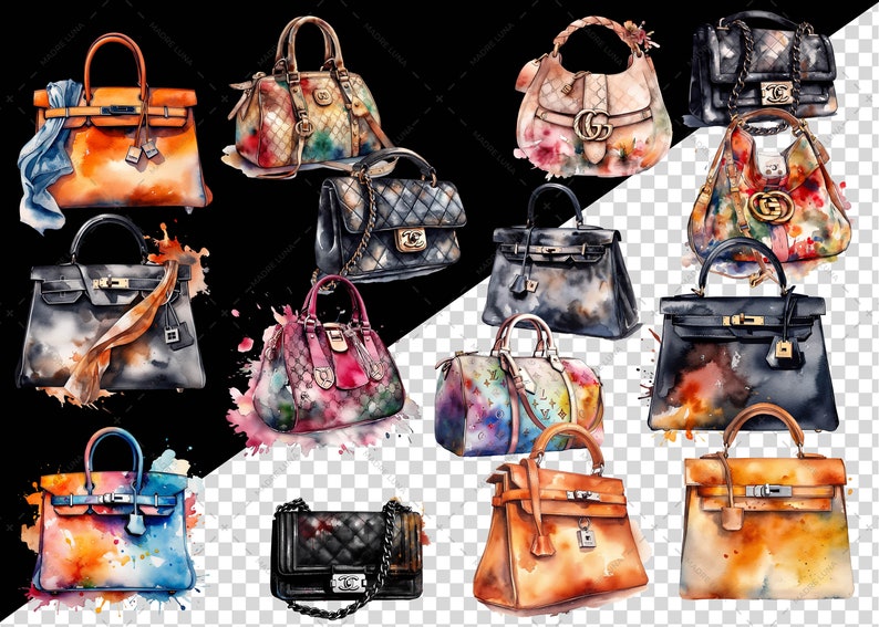 May include: A collection of 12 watercolor paintings of different styles of handbags. The handbags are painted in various colors, including black, brown, orange, blue, and pink. Some of the handbags have floral patterns, while others have geometric patterns.