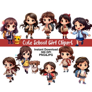 Cute Anime Girls Clipart Bundle - Kawaii Cartoon Set - School Girls PNG/JPG Instant Download