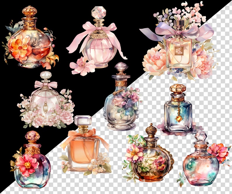 This set features elegant and nostalgic perfume bottle designs in beautiful watercolor styles, perfect for adding a touch of vintage flair to your creations.