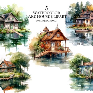 Watercolor Lake House Clipart - Waterfront landscape cottage PNG&JPG format, instant download