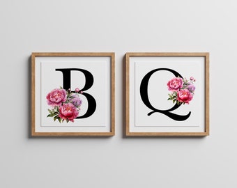 Romantic Floral Alphabet - Monogram Initial Art Prints, Digital Download, JPG&PNG Instant Download