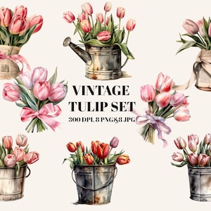 Watercolor Tulips Clipart Set, Vintage Tulip Clipart Set, JPG, PNG Instant Download
