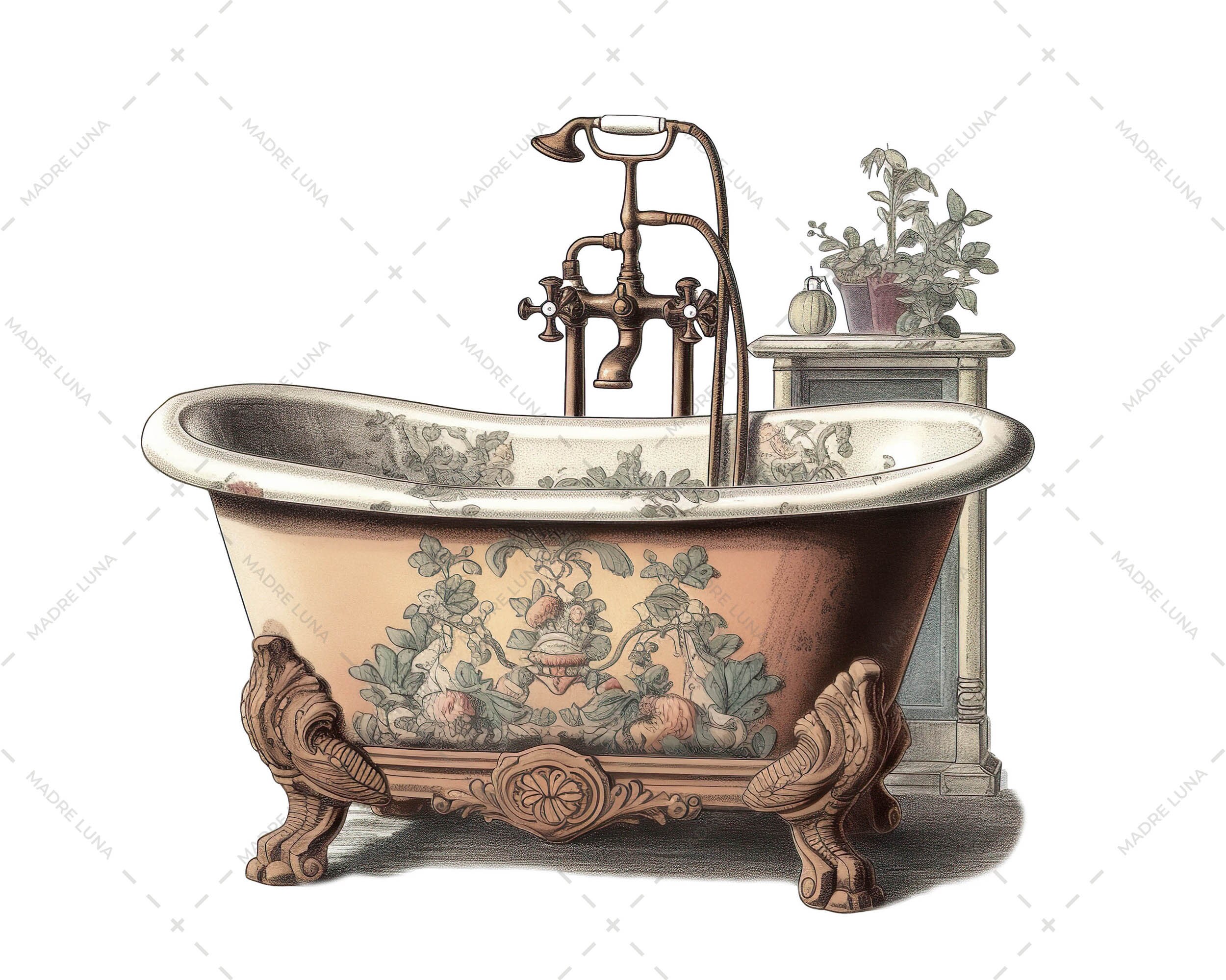 Watercolor Clipart Set Antique Bathtub, Vintage Bathtub, Victorian