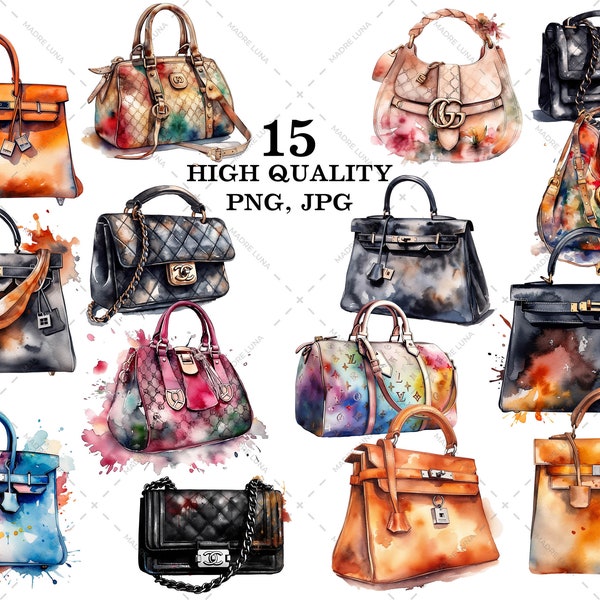 Watercolor Designer Handbag Clipart, Watercolor Luxury Bag Clipart, Purse Clipart, PNG, JPG Instant Download