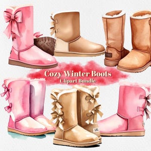 Op de afbeelding: Een set van zes aquarel illustraties van winterlaarzen met strikken. De laarzen zijn in roze en bruine kleuren. De laarzen zijn allemaal in verschillende stijlen, sommige met bontbeslag en sommige met strikken. De tekst "Cozy Winter Boots Clipart Bundle" staat op de afbeelding.