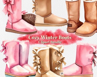 Watercolor Winter Boots Clipart: Pink & Tan Bow UGG Style (Instant Download)
