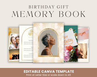 May include: A memory book template with the text "BIRTHDAY GIFT MEMORY BOOK". The design includes photos, text, and a central image of a woman. The template is editable and can be printed at letter size or scaled down to A5.