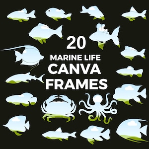 May include: A black background with 20 marine life Canva frames. The frames are in the shape of various sea creatures, including fish, a crab, and an octopus. The text "20 MARINE LIFE CANVA FRAMES" is in white.