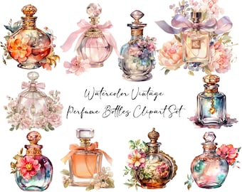 Vintage Fragrance Clipart Bundle - Instant Download Watercolor Perfumes JPG & PNG