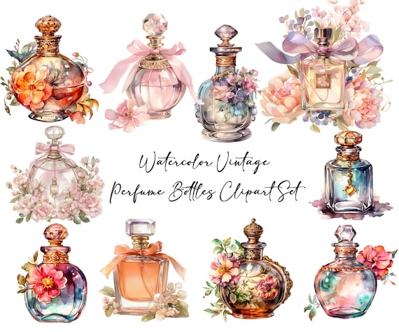Vintage Fragrance Clipart Bundle - Instant Download Watercolor Perfumes JPG & PNG