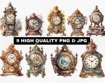 Watercolor Antique Clocks Clipart - Vintage Timepieces PNG-JPG Instant Download