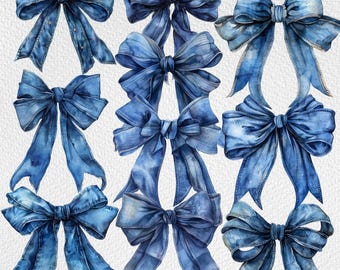 Denim Ribbon Bow Clipart Set, High-Quality Illustrations (Instant Download)