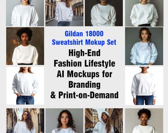 Mockupset Gildan 18000-sweater: Fashion Lifestyle AI (digitale download)
