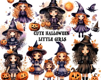 Clipart de bruxa em aquarela, meninas fofas de Halloween (PNG e JPG, download digital)