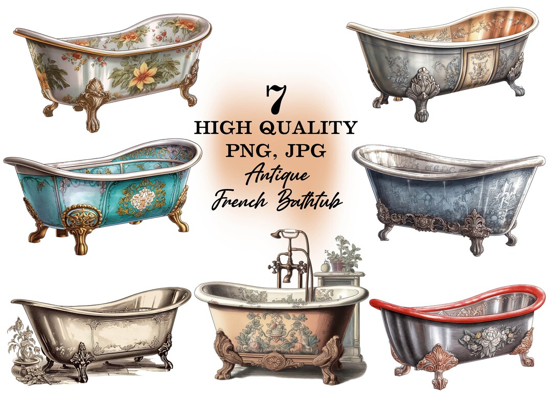 Watercolor Clipart Set Antique Bathtub, Vintage Bathtub, Victorian