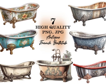 Watercolor Clipart Set Antique Bathtub, Vintage Bathtub, Victorian Bathtub  PNG JPG Instant Download