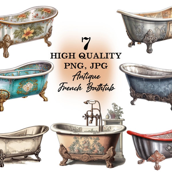 Watercolor Clipart Set Antique Bathtub, Vintage Bathtub, Victorian Bathtub  PNG JPG Instant Download