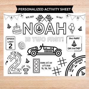 Race Car Two Fast Birthday Party Favor | Fast One Race Car Racing Theme Birthday Party Favor | Personalized Coloring Sheet | Kid&#39;s Birthday