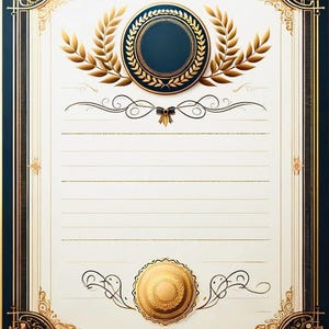 May include: Formal certificate design with a navy blue border and gold accents. The top features a navy blue circle surrounded by a gold laurel wreath. The bottom has a gold seal. The background is white with horizontal lines.