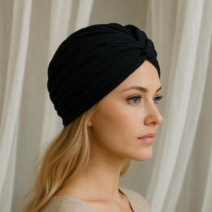 Black Twisted Turban Headwrap, Pre tied Turban Hat, Chemo Headwear, Alopecia, Animal Print Turban