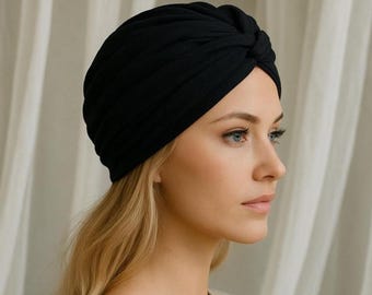 Cappello turbante in cotone nero da donna – Copricapo chemioterapico per la caduta dei capelli, turbante morbido e attorcigliato per alopecia