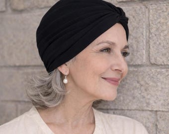 Women’s Black Cotton Turban Hat – Chemo Headwear for Hair Loss, Soft Twisted Alopecia Turban