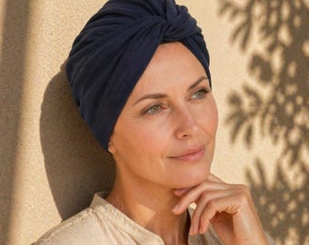 Blue Twisted Cotton Turban Headwrap: Pre-Tied Chemo Headwear, Chemo Turban Hat