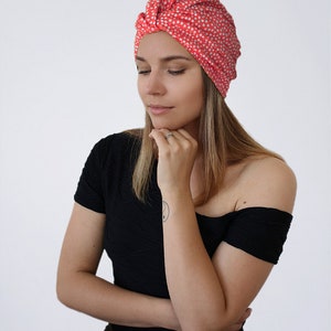 Red Pre tied turban, headwear, chemo hat, headcovering for patients