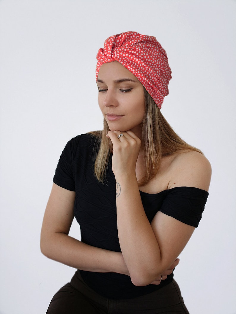 Red Pre tied turban, headwear, chemo hat, headcovering for patients