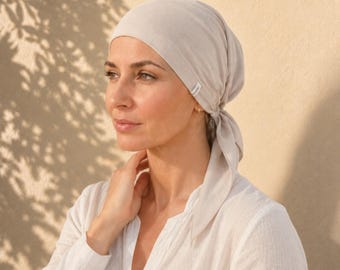 Lightweight cotton strech-pre-tied chemo head scarf: End of chemo gift - Super soft pre-tied tichel - Nurses and Doctors headwear - Oncology