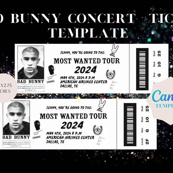 Bad Bunny Most Wanted Tour 2024 Surprise Concert Ticket | Concert Ticket Editable Canva Template | Boleto de Sorpresa | Keepsake Ticket