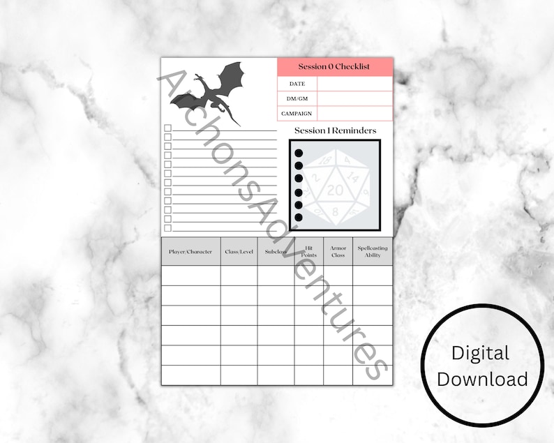 Session 0 Checklist. DND 5e. Printable PDF. Dungeons and Etsy Ireland