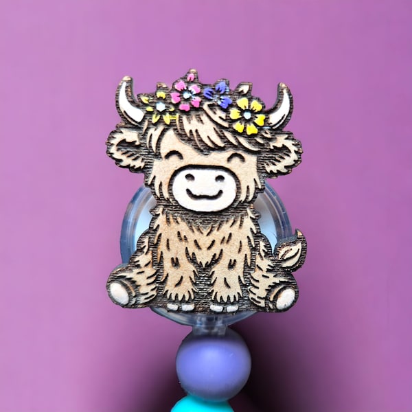Fluffy Flower Highland Cow Cute Fun Badge Reel for Nurse Teacher Secretary Doctor Student Phlebotomist RN NP PA