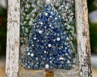 Blue Christmas Tree Art on Glass 7x9, Beaded Charms