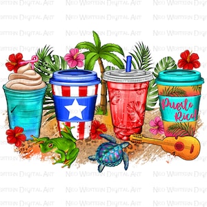 Puerto Rico coffee cups png sublimation design download, Puerto Rico flag png, floral coffee cups png, sublimate designs download